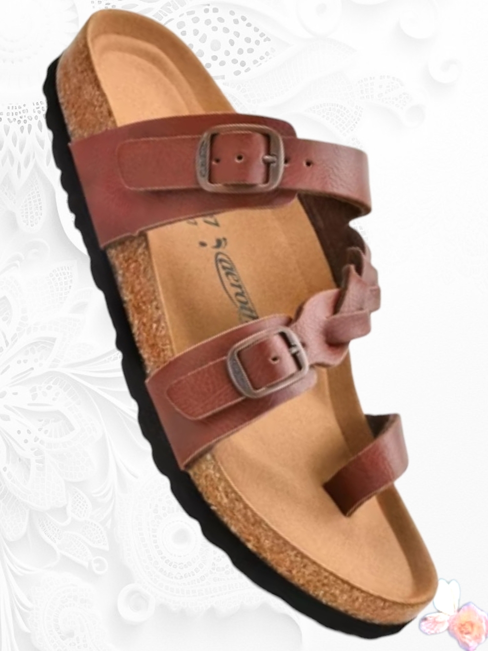 Aerothotic Triple Strap Sandals Brown Leather Cork Footbed EU 39 8-8.5